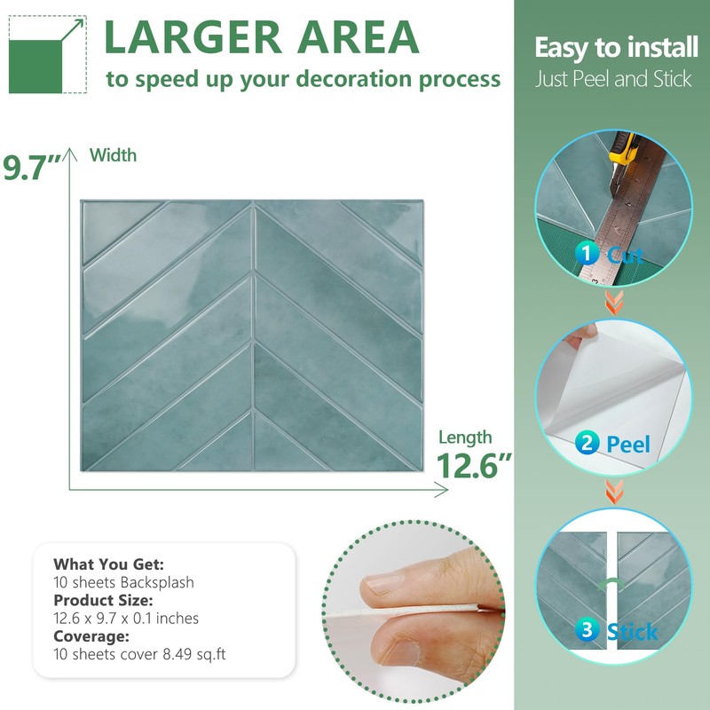 STICKGOO 10 Sheets Thicker Herringbone Peel and Stick Backsplash, 12.6”×9.7”