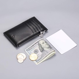 Leather Slim Card Holder, Tiny Small Credit Card Wallet ID Case for Men & Women, Zippered Black, 5.12"H x 3.15"W, Business
