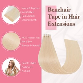 Benehair Injected Tape in Hair Extensions Human Hair Remy #613 Bleach Blonde Injected Weft Hair Extensions Real Natural Straight 10 Pcs 14 Inches (20g)