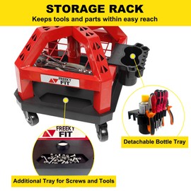 FreekyFit Rolling Shop Stool for Garage with Casters, DO02-Adjustable Height 360° Swivel Shop Seat with Tool Tray Storage, 330 LBS Capacity Padded Mechanic Stool, Red