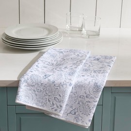 Nestinco Set of 2 Waffle Weave Kitchen Towels, 380 GSM Absorbent Quick-Dry Microfiber Dish Towels, Blue White Floral Tea Towels, 18 x 30 Inches, Kitchen Decor