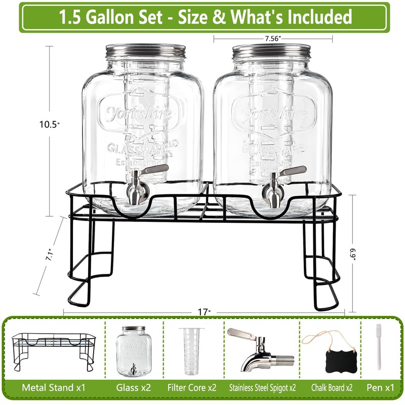 BPFY 2 Pack 1.5 Gallon Glass Drink Dispenser with Stand,