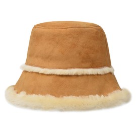 Harssidanzar Mens and Womens Winter Shearling Bucket Hat Lambskin Leather Warm Fisherman Cap CU608US,Camel,Size Large