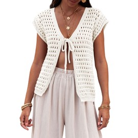Saodimallsu Womens Tie Crochet Shrug Short Sleeve Open Front Lightweight Knit Cropped Cardigan Sweaters Cover Up White