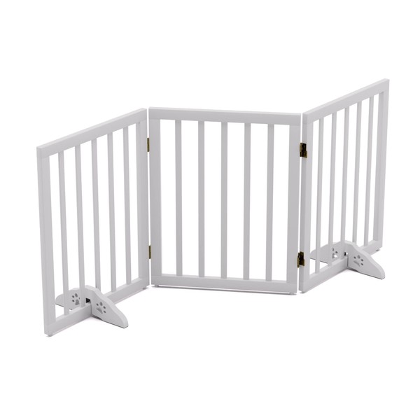Dog Gates for The House Freestanding Folding Pet Gate Indoor 3 Panels 24'' Height with 2PCS Support Feet Wooden White Dog Gate for Stairs Extra Wide Dog Gate