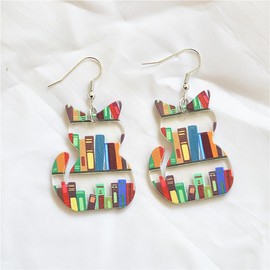 Cute Bookshelf Cat Earrings for Women Book Lovers Animal Funny Pendant Jewelry Gifts for Teachers Graduation School, M, Alloy Steel, No Gemstone