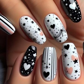 24Pcs Valentine's Day Press on Nails Short Square with Black White Pink Jump Color Five-Pointed Star Love Line Design,Valentine's Glue on Nails Full Cover Glossy Cute False Nails Stick on for Women