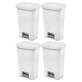 Sterilite 11.9 Gallon Rectangular Step On Kitchen Plastic Indoor Wastebasket with Wide Opening Lid and Comfort Handle for Home, White (4 Pack)