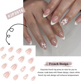 French Tip False Nails - 24Pcs Short Almond Press on Nails - Daisy Flower French Tip Nails - Full Cover Nude Pink Fake nails with Glue, Reusable Short Almond nails Nail Art Decoration