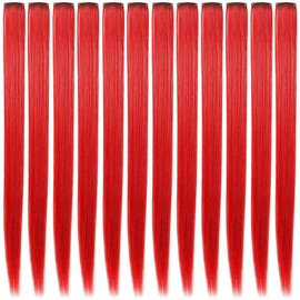 MOSCSMDY Pack of 10 Hair Extensions for Girls Wig Pieces Clip in Coloured Hair Extensions for Adults Colourful Hairpieces Party Highlights Multiple Colours (Red)