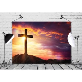 BELECO 8x6ft Fabric Jesus Christ Cross Backdrop Easter Photography Mountain Holy Light Sepulcher Lord Pray Background Church Easter Birth of Jesus Backdrop Crucifixion Religious Photo Studio Props