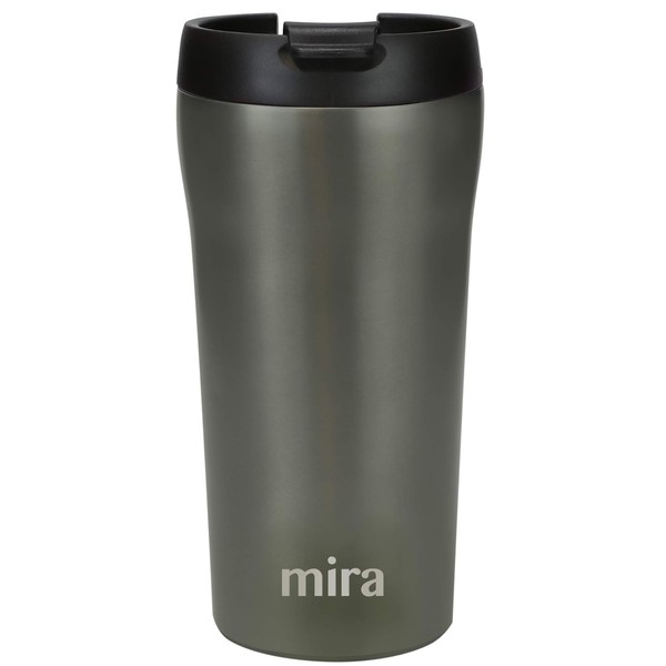 MIRA 12 oz Stainless Steel Insulated Travel Mug for Coffee & Tea - Vacuum Insulated Car Tumbler Cup with Spill Proof Twist On Flip Lid - Thermos Keeps Drinks Steaming Hot or Ice Cold - Gray Satin