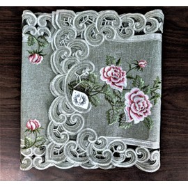 Pink Rose Flowers on Khaki Green Rectangle Embroidered Table Runner, 14 By 34 Inch, Machine Washable