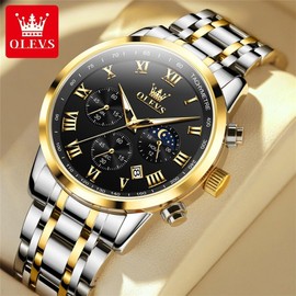 OLEVS Mens Watches Gold Sliver Stainless Steel Watches for Men Calendar Watches Men Black Face Watches Waterproof Men's Watches Analog Quartz Watches for Men Roman Numerals Watches Luxury Business