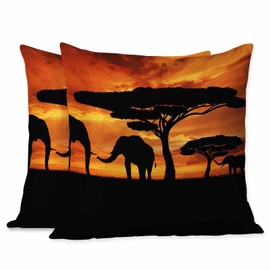 Beabes Throw Pillows Covers Black Silhouette Elephants African Wild Animal Herd in The Sunset Home Decorative,Cushion Cover for Bedroom Sofa Living Room 18X18 Inches Pack of 2