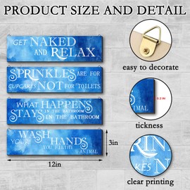 Blue Bathroom Decor Set of 4 - Navy Blue Bathroom Accessories Wall Decor -Nautical Ocean Style Decoration - Funny Wooden Wall Art