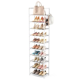 LANTEFUL LANTEFUL 10 Tiers Tall Shoe Rack 20-25 Pairs Boots Organizer Storage Sturdy Narrow Shoe Shelf for Entryway, Closets with Hooks, White