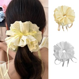 papasgix Large Scrunchies for Women Adjustable Big Glossy Scrunchie for Thick Hair Bow Jumbo Scrunchies Hair Ponytail Holders with Ribbon Girls Hair Accessories (9.84" White+Yellow)