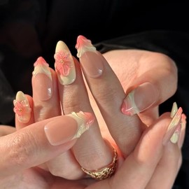 Ligth Yellow Press on Nails Medium Almond Handmade Nails with Glue,100% Handmade False Nails French Tip Nail Press ons 5D Flower Art Design Muti-Layer Gel Nail Luxury False Nails for Women (Size M)