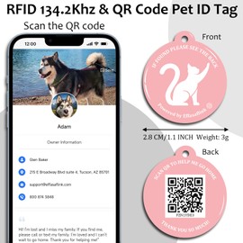 RFID 134.2Khz & QR Code Pet ID Tag, Collar Tag, Dual Function - Scan QR for Helping Lost Pets Go Home, Replace RFID Microchip for Smart Auto Pet Door and Feeder (Pink-Cat)
