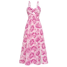 Women's Boho Beach Summer Maxi Dress Sleeveless Spaghetti Strap Twist Knot Front A line Floral Sundress with Pockets Pink Floral L