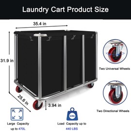 Commercial Laundry Cart with Wheels, 470L Industrial Rolling Laundry Basket, Large Heavy Duty Laundry Sorter with Watertight Oxford Bag & Sturdy Steel Frame for Home, Hotel, Hospital, 440 lbs (Black)