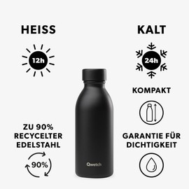 Qwetch ICON Thermos Flask, 500 ml, Stainless Steel, Black, Compact BPA-Free Drinking Bottle, Insulated Flask for Coffee, Tea & Water, Leak-Proof, Sustainable, Design & Sports