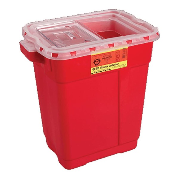 BD 305489 Multi-Use One-Piece Sharps Collector, Hinge Cap with Petals, Medium, 6.9 qt. Capactiy, Red
