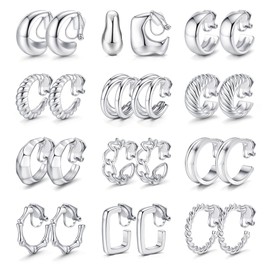 JEWPARK 12 Pairs Silver Clip on Earrings for Women 14K Gold Plated Chunky Silver on Hoop Earrings Non-Pierced Fake Earrings Set