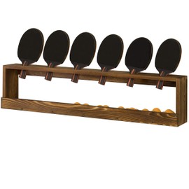 MyGift Rustic Wood Wall-Mounted Ping Pong Paddle Display Rack with Ball Storage Holder Shelf
