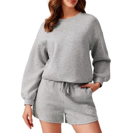 PINSPARK 2 Piece Short Sets for Women Long Sleeve Sweatshirt Matching Sets Crew Neck Sweat Suits 2024 Fall Travel, Light Grey Medium