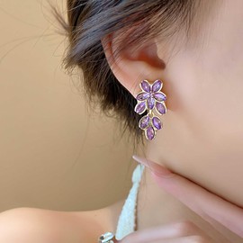 Cybche Boho Crystal Flower Stud Earrings Gold Rhinestone Leaf Earrings Cluster Flower CZ Earrings Sparkling Crystal Leaf Dangle Earrings Wedding Chandelier Earrings Jewellery for Women, Zinc, No