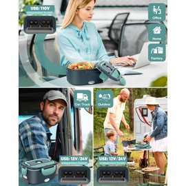 Eocolz Electric Lunch Box Food Heater, Food Warmer 1.5L Portable Heated Lunch Box for Car Truck Work Stainless Steel Fork & Spoon 12/24/110V for Adults Lonchera Eléctrica (gray-blue)