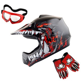 WOW Youth Kids Motocross BMX MX ATV Dirt Bike Helmet Dragon Red + Goggles + MG Youth Red Glove Bundle