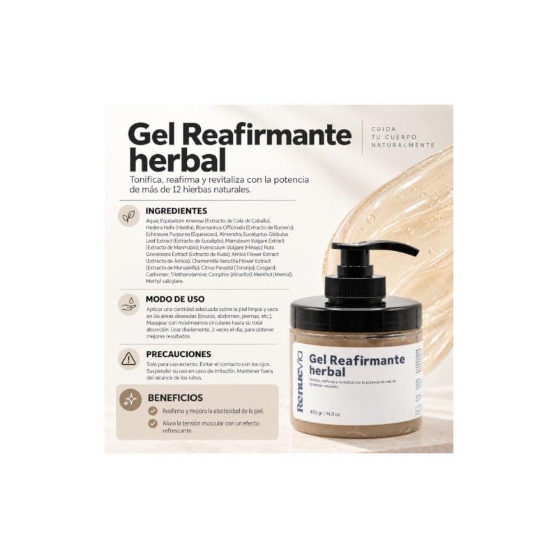 Gel Reafirmante Herbal, 400 g, Fórmula Natural con Mentol y