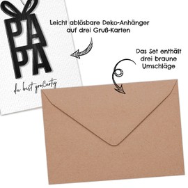 Papierdrachen Folding Cards with Wooden Cutouts in DIN A6 for Father's Day - with 3 Black Wooden Tags and 3 Kraft Paper Envelopes - Father's Day Gift - Set 02