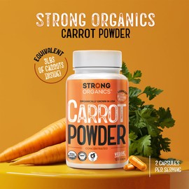 Strong Organics USDA Organic Carrot Powder Capsules (120), Grown in USA, Eye Support, Beta Carotene, Vitamin A, Carotenoids, Antioxidants,106°F Max, Vegan, Kosher-2 Months Supply