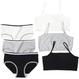 Girls Seamless Bras Sets Cotton Strappy Crop Top First Bra & Knickers Camisole Style Training Underwears Vest with Elastic Shoulder for Kids 6-10 Years