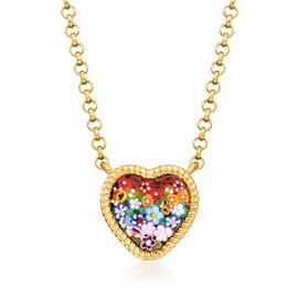 Ross-Simons Italian Multicolored Murano Glass Mosaic Floral Heart Necklace in 18kt Gold Over Sterling. 18 inches