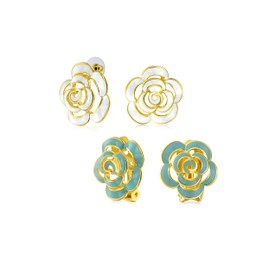Set of Two Fashion Enamel 3D Rose Flower Blue Clip On and White Stud Earrings Button Style Ears 14K Gold Plated