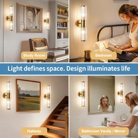 ECOBRT Modern Brushed Brass Vanity Light Fixture - Dual Glass Rods Wall Sconce for Bathroom, Double Light Socket E12 Candelabra Base, Mirror Vanity Lighting (Bulbs Not Included)