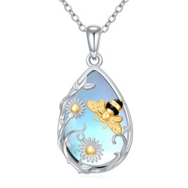 JKR Bee Necklace for Women S925 Sterling Silver Bee Teardrop Moonstone Necklace Pendant Daisy Flower Moonstone Jewelry Anniversary Birthday Gifts for Wife Her Mom Daughter Girlfriend