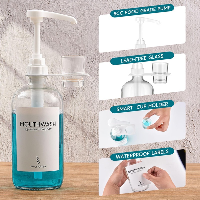 Onsogi Glass Mouthwash Dispenser with Cup Holder and Pump, 16
