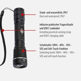 Brennenstuhl LuxPremium Akku-Fokus-LED-Taschenlampe TL 601 AF IP67 / Aufladbare Taschenleuchte mit CREE-LED (600lm, 190m, fokussierbar, max. 26h, inkl. USB C Ladekabel)
