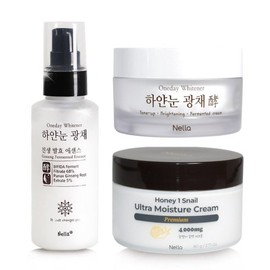 Nella 하얀눈 광채 톤업크림+에센스+달팽이크림 프리미엄 /기초화장품 3종세트 White Snow Glow Tone-Up Cream + Essence + Snail Cream Premium / Basic Beauty Set of 3 Products