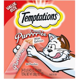 Temptations Creamy Puree Squeezable Lickable Wet Cat Treats with Salmon, 0.42 oz. Tubes, 24 Count