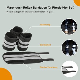 Marengos - Reflex Bandages for Horses (Set of 4) | Horse Bandages with Reflective Strips & 2 Velcro Straps | Safety Bandages for Visibility in the Dark | One Size in Silver