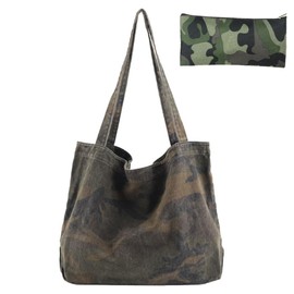 Women Ladies Vintage Canvas Camouflage Tote Shoulder Bag Shopping Bag Handbag with Pouch (Brown)
