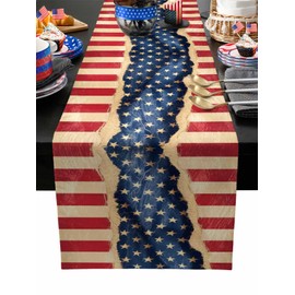 4th of July Table Runner 13x72 Inches Long Red White and Blue Star Strips Table Runners Cotton Linen Retro American Flag Independence Day Dresser Scarf Kitchen Dinner Table Decor for Memorial Day