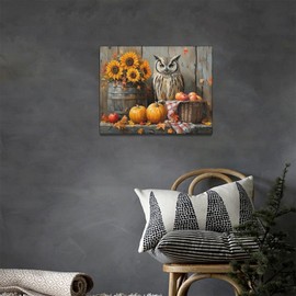 Fall Owl Wall Art Autumn Pumpkin Maple Leaf Pictures Wall Decor Leaves Sunflower Canvas Painting Modern Artwork Home Decoration for Living Room Bathroom Bedroom Office Framed 16"x12"